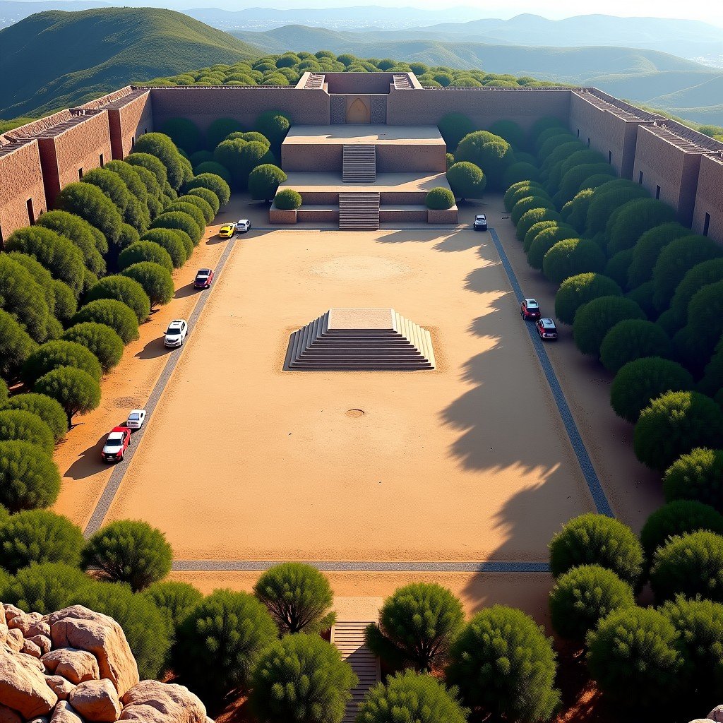Aerial view of the archaeological site of Monte Alban, vast plaza surrounded by ancient stone pyramids, bright lighting, high detail, 4:3 aspect ratio