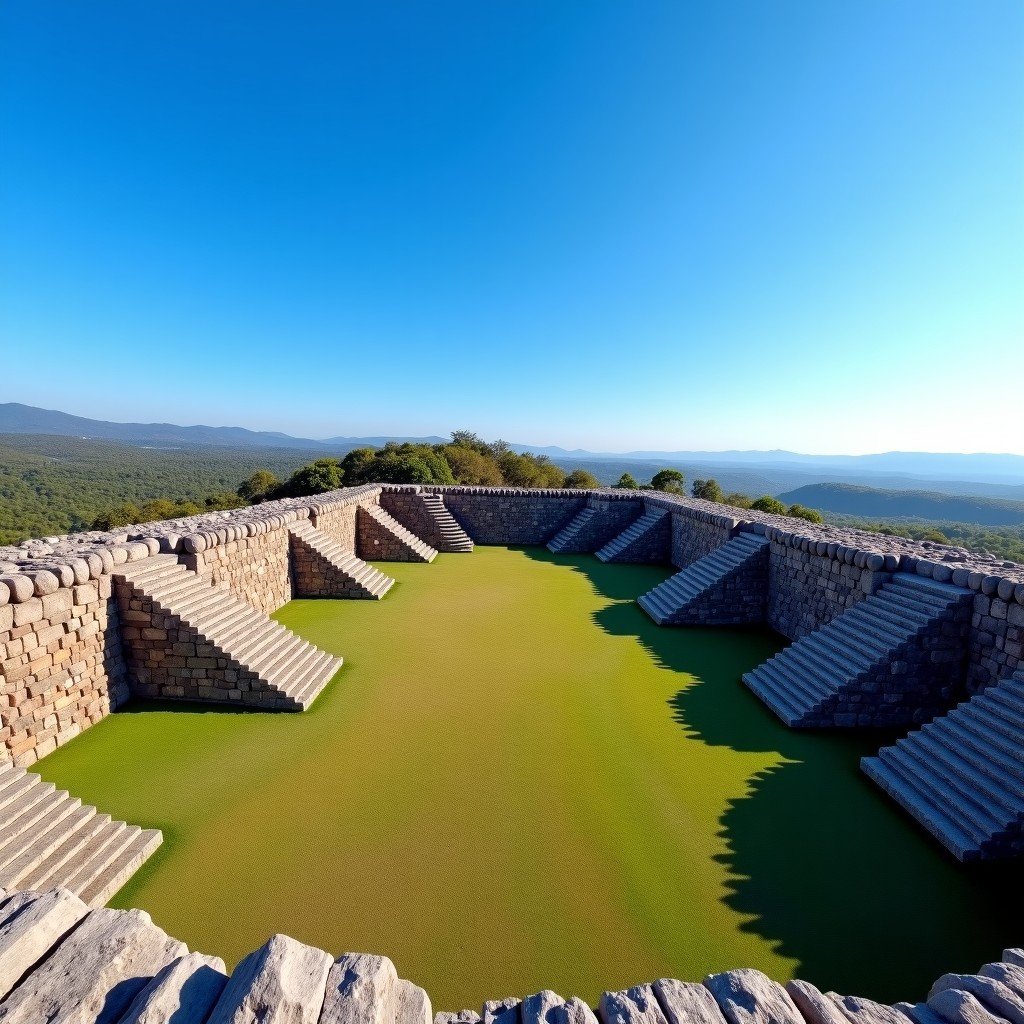 Ancient Zapotec ruins of Monte Alban in Mexico under a clear blue sky, wide angle landscape shot, stone pyramids and grassy plazas, 4:3 aspect ratio