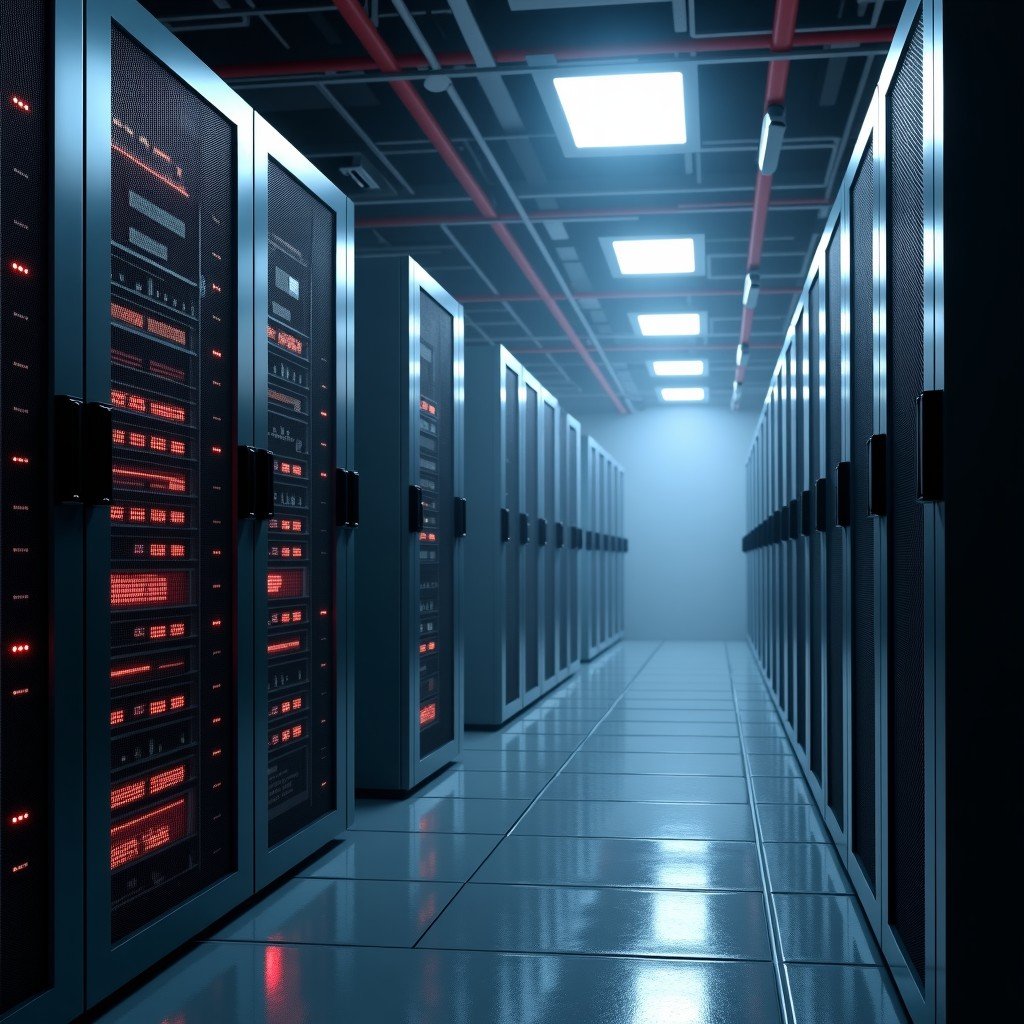 A high-tech data center facility showing signs of structural damage with some smoke and emergency lighting, realistic and detailed, 4:3