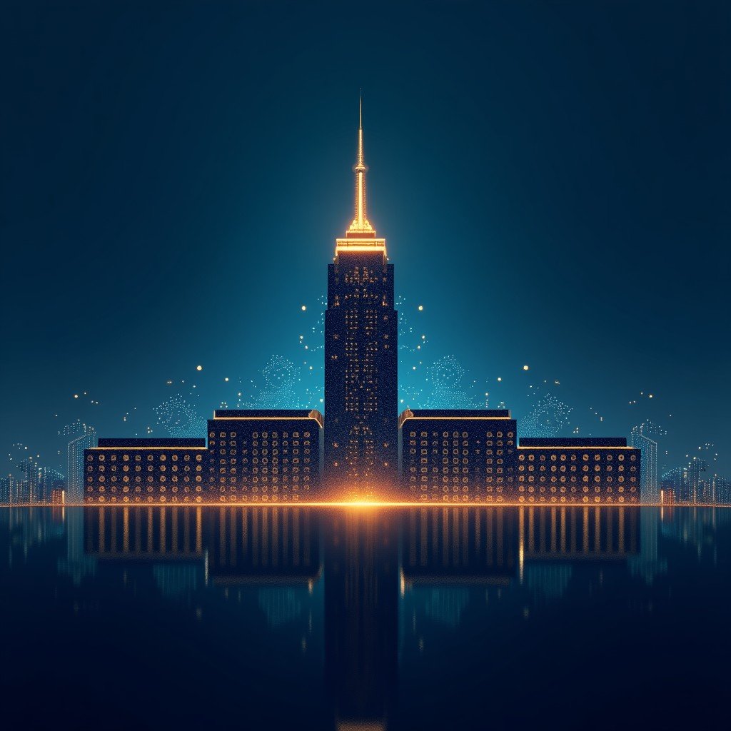 A sleek, modern digital visualization of a Pentagon-style building silhouette against a backdrop of complex neural network data nodes, blue and gold color scheme, professional atmosphere, cinematic lighting, 4:3.