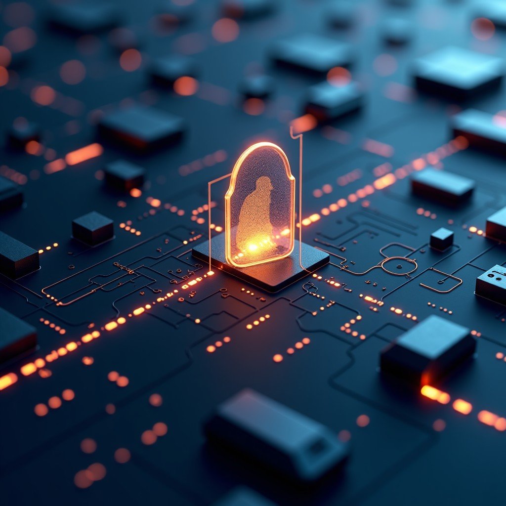 A futuristic digital representation of a security firewall between military equipment and abstract AI neural networks, dark blue and gold color scheme, 4:3