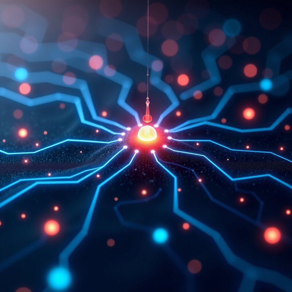 A modern and sleek AI software interface with glowing neural network nodes and digital data streams, high contrast, clean layout, futuristic technology vibe, 4:3