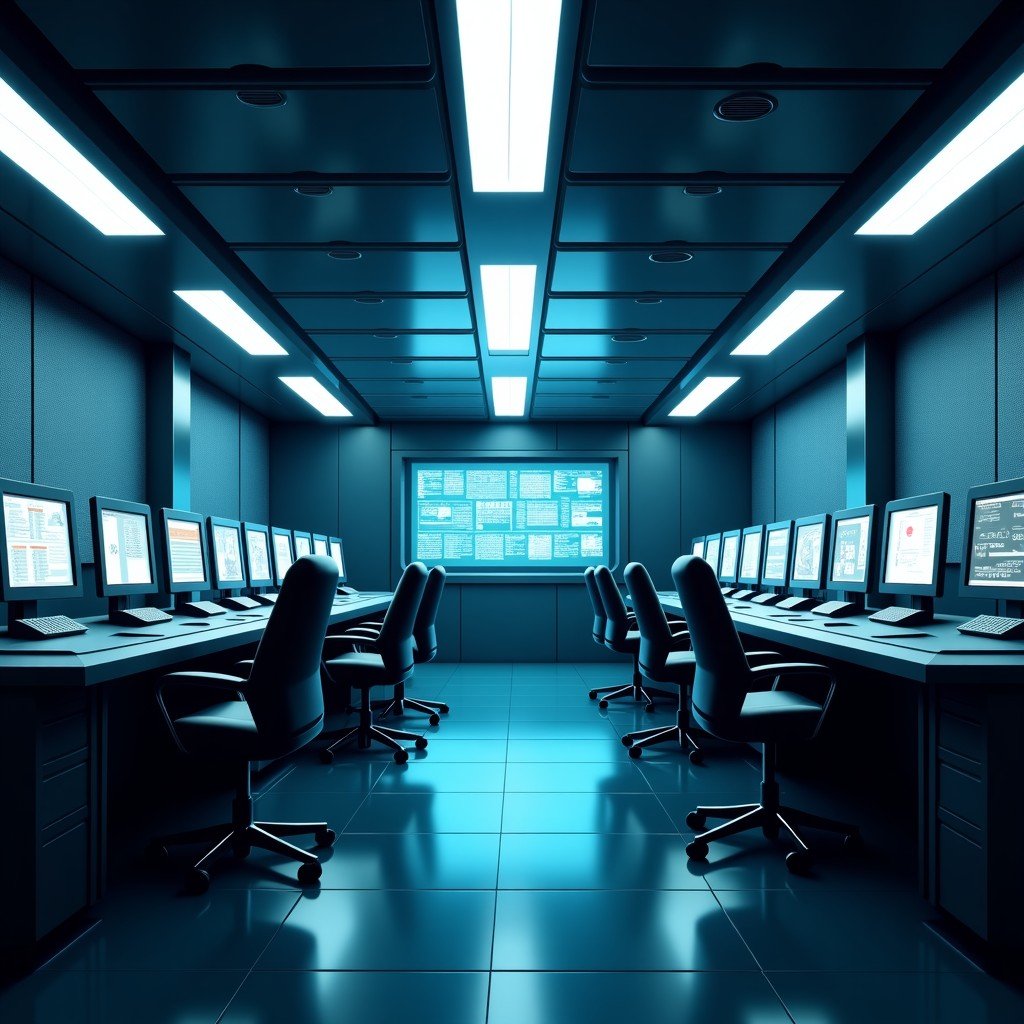 Cinematic shot of a high-tech command room with glowing interfaces and serious atmosphere, modern architectural design, 4:3