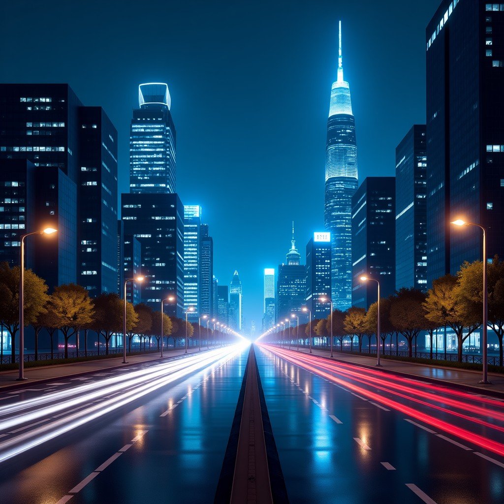 A wide shot of a modern city at night with digital lighting accents representing data flow and connectivity, sophisticated aesthetic, 4:3 aspect ratio.