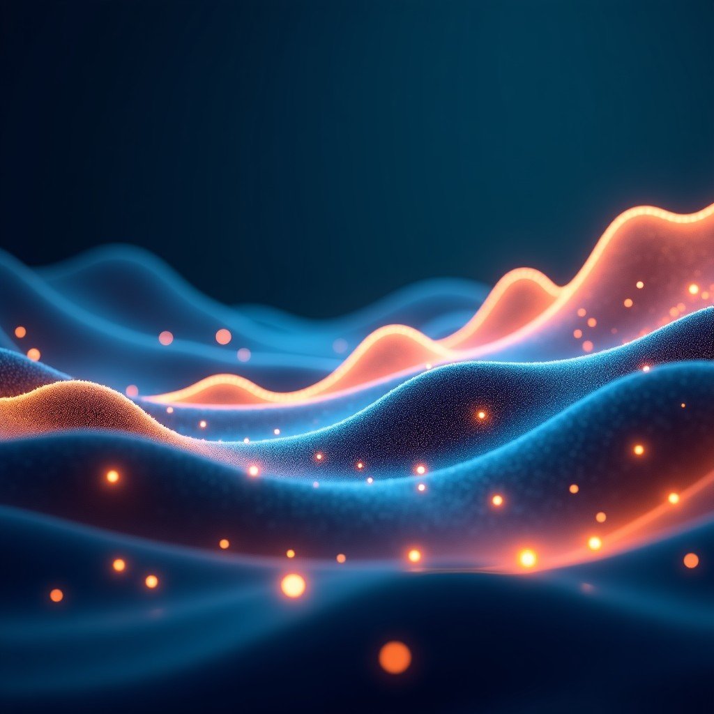 Digital abstract landscape showing growth curves and glowing light particles representing data flow, dark background with cyan and orange accents, wide angle, 4:3.