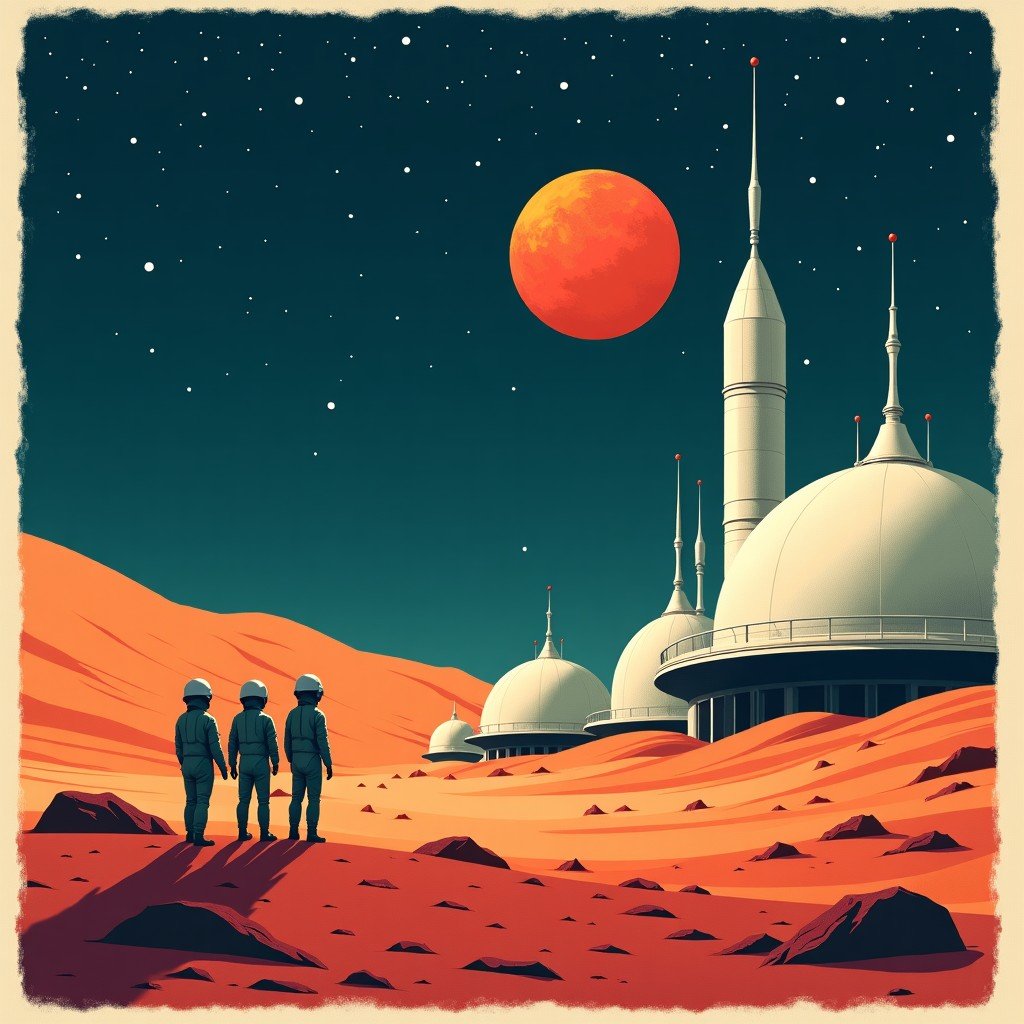 An artistic illustration of a futuristic lunar base with domes and antennas, astronauts looking up at a reddish planet Mars visible in the starry sky, visionary and hopeful mood, textured background, 4:3