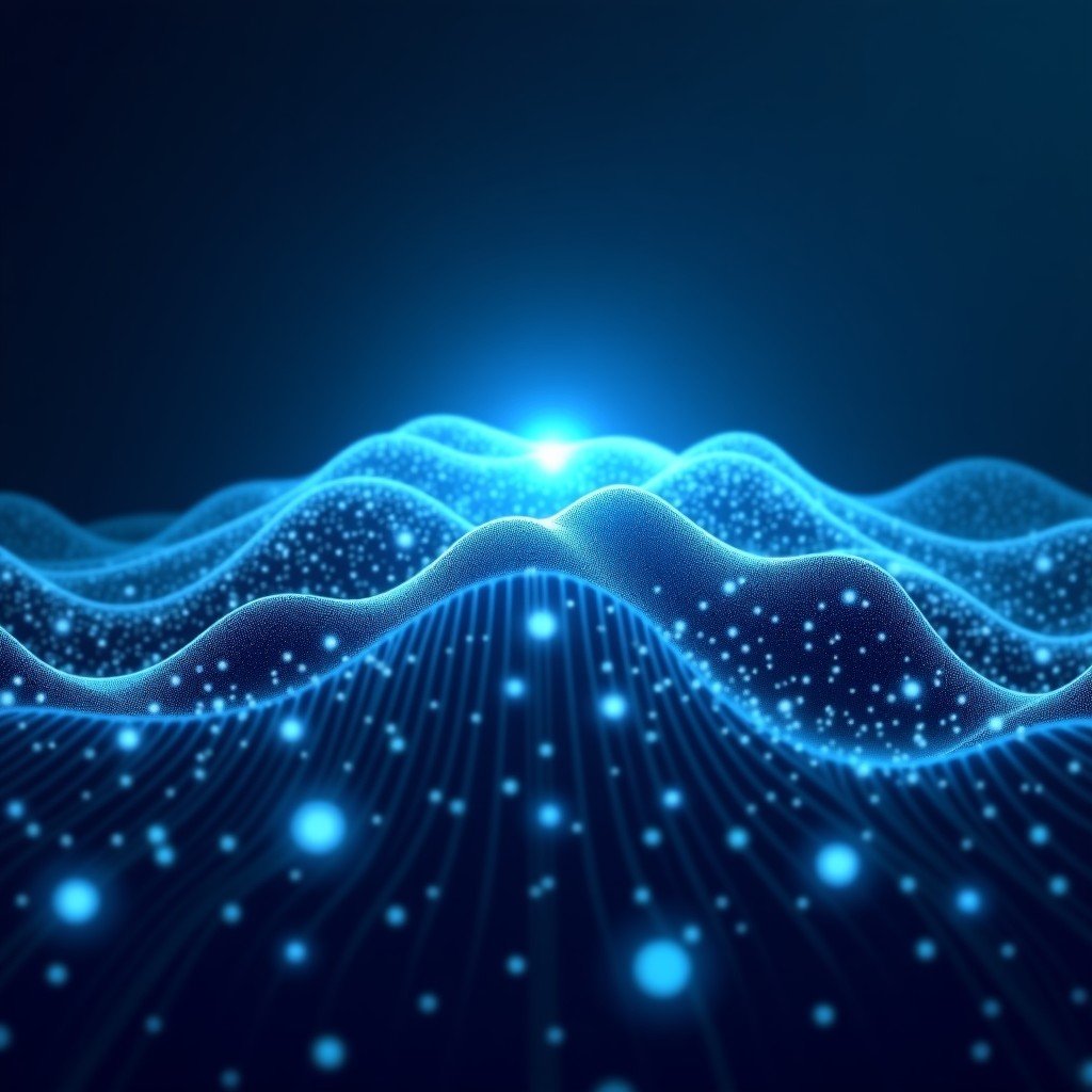 A conceptual illustration of global connectivity and AI digital transformation, flowing light patterns, professional infographic style, clean background, 4:3.