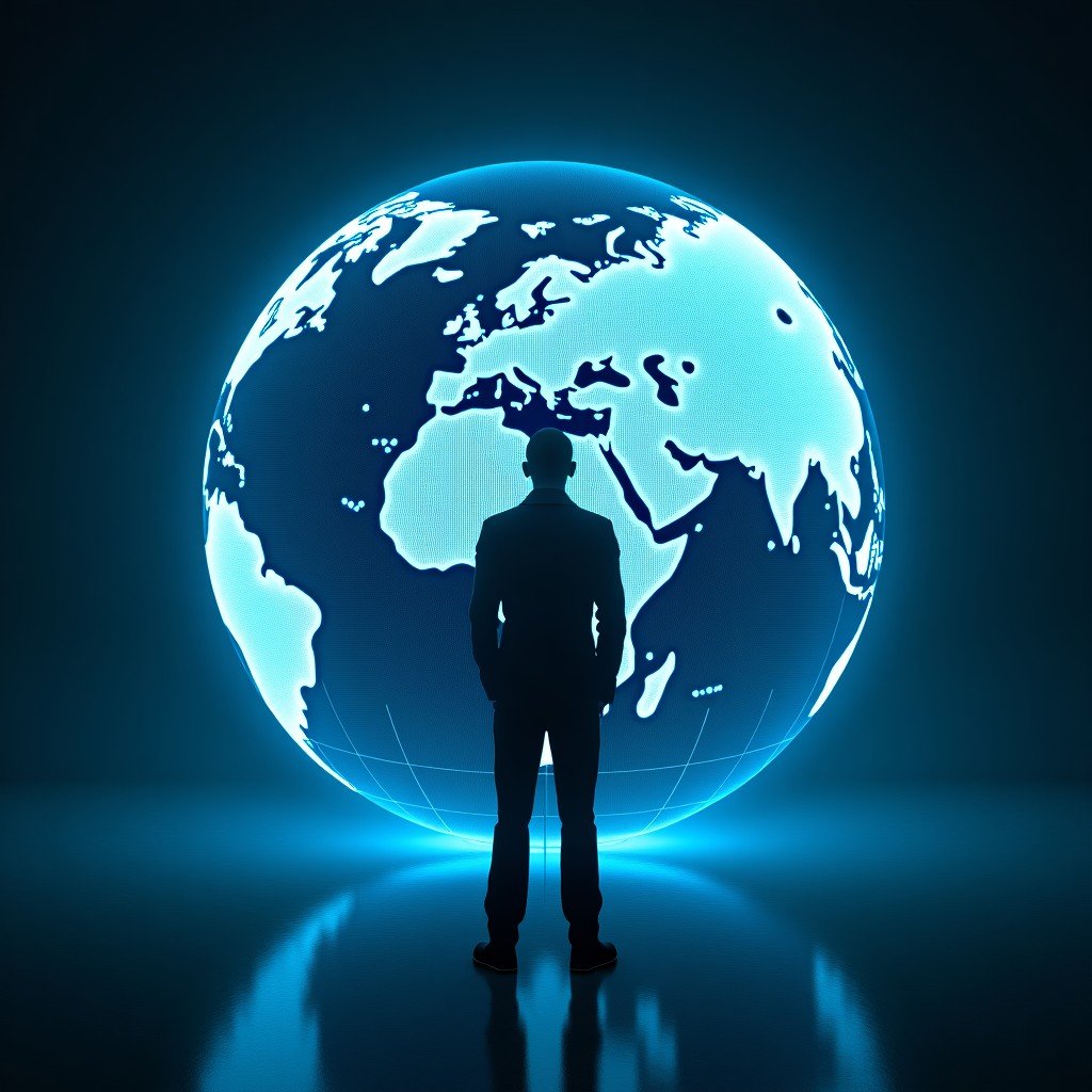 A silhouetted person standing in front of a giant digital globe with interconnected data points, representing global strategic decision making, cinematic style, aspect ratio 4:3.