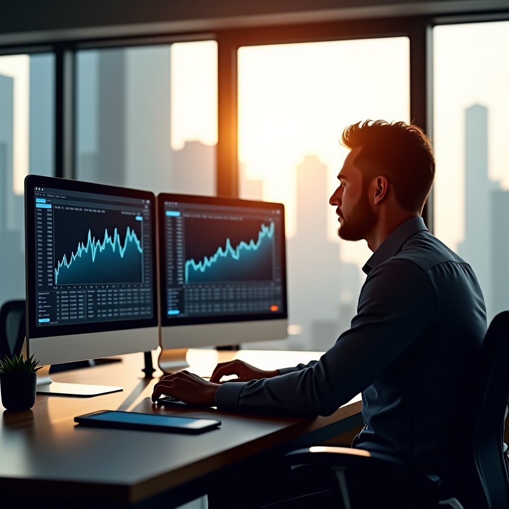A professional person working in a modern office with multiple digital screens showing stock trends and analytical data, warm sunlight coming through the window, photorealistic, 4:3.