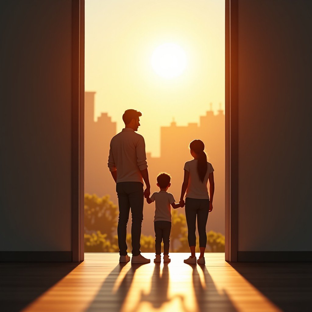 A happy family looking at a house key, warm golden hour sunlight, minimalist background, professional photography style, realistic, 4:3.