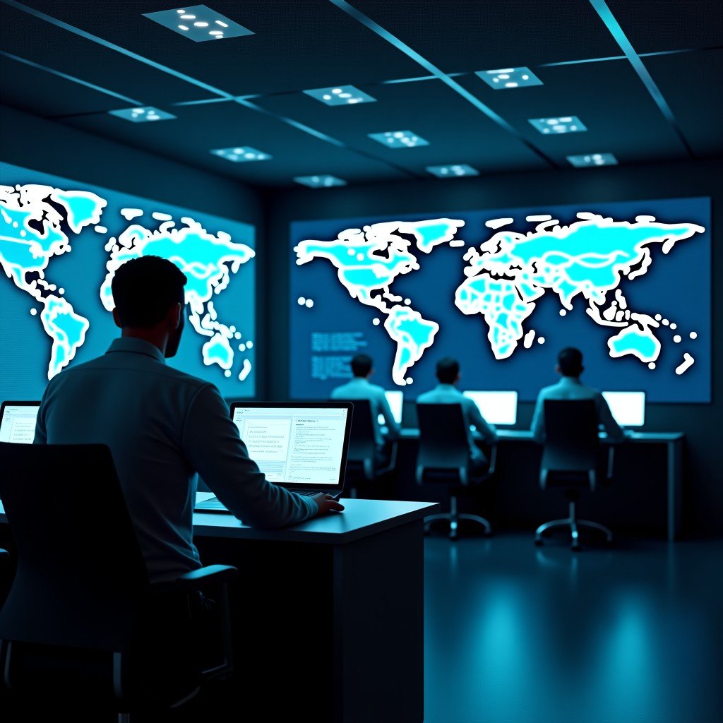 A futuristic cybersecurity operations center with high-tech digital dashboards showing global network maps and data streams. Professional security analysts working in a modern dimly lit environment with blue and cyan accent lighting. Realistic cinematic photography style 4:3