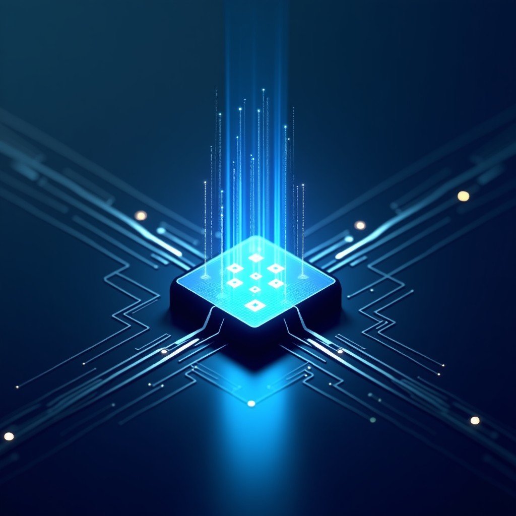 A sleek, modern conceptual image of a digital gateway with glowing data streams, representing technology export control and high-tech semiconductor infrastructure, clean lines, minimalist, 16:9 ratio.