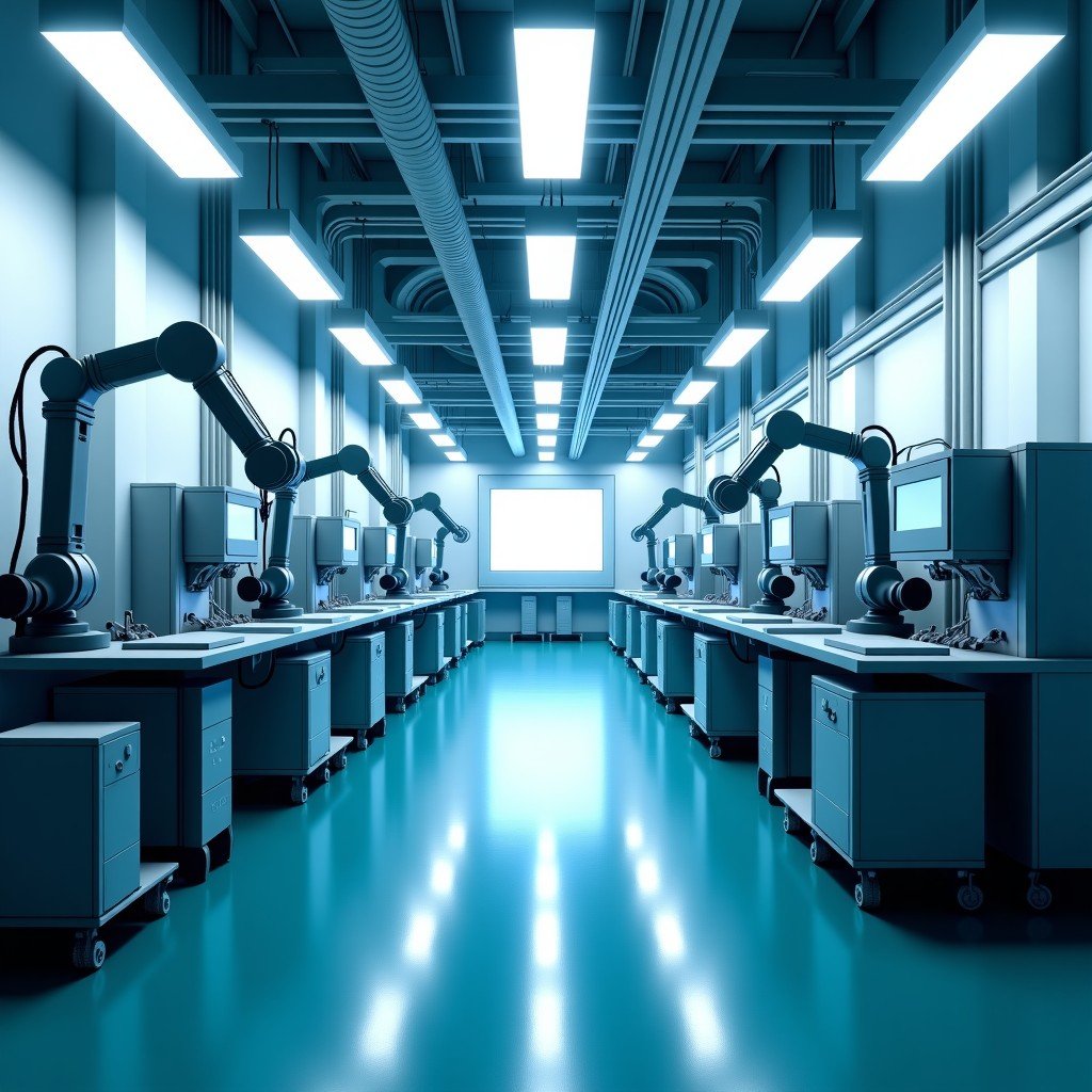 Industrial facility for semiconductor manufacturing, clean room atmosphere, advanced robotics and machines, symmetrical composition, realistic, 4:3.