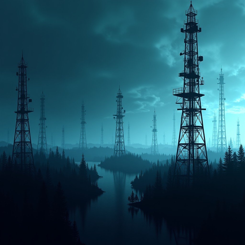 Abstract representation of electronic warfare, modern air defense radar towers, digital interference, dramatic contrast, high tech style, 4:3 aspect ratio.