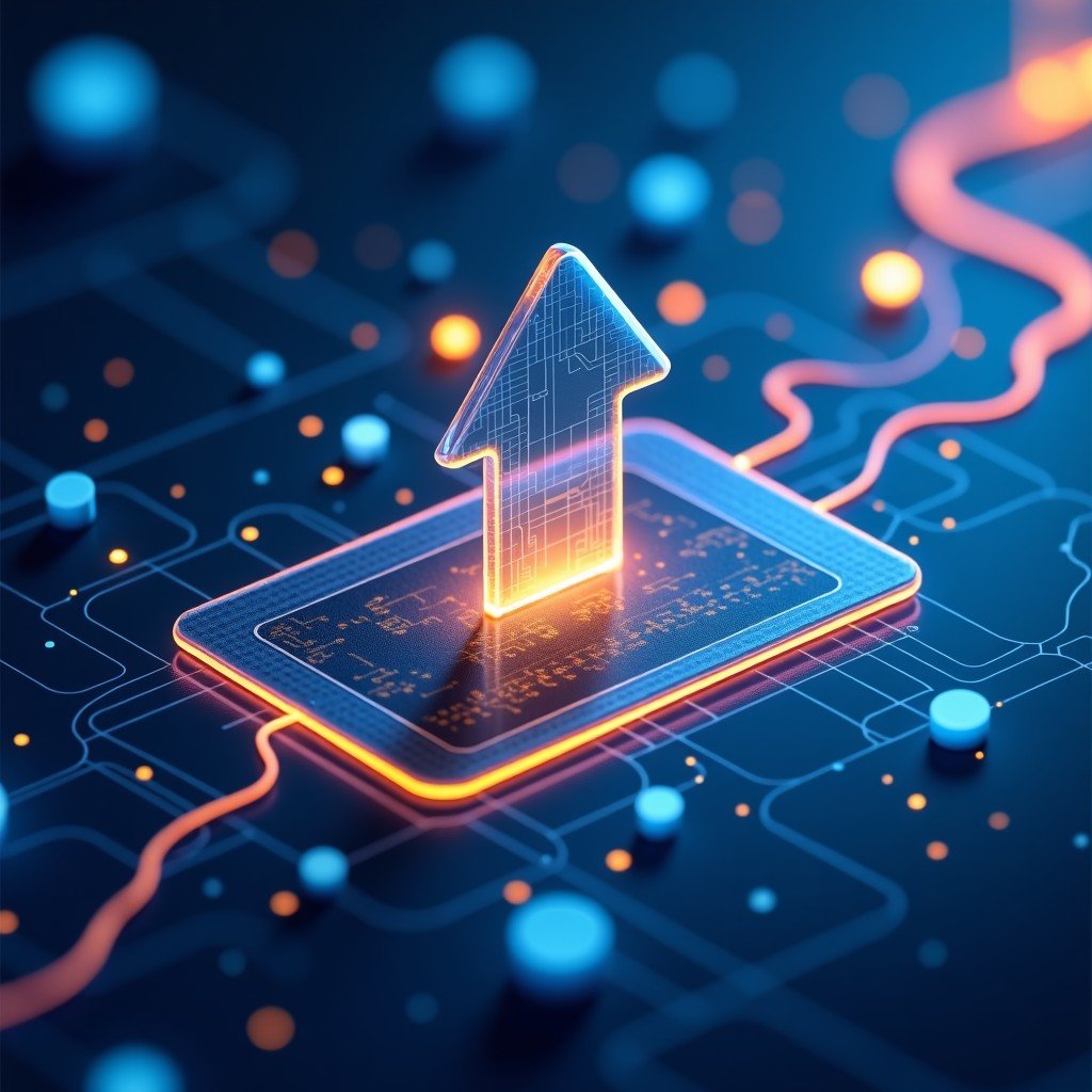 Concept of digital transformation in banking, abstract geometric shapes representing data flow, blue and gold color palette, high-tech office environment, realistic, 4:3.