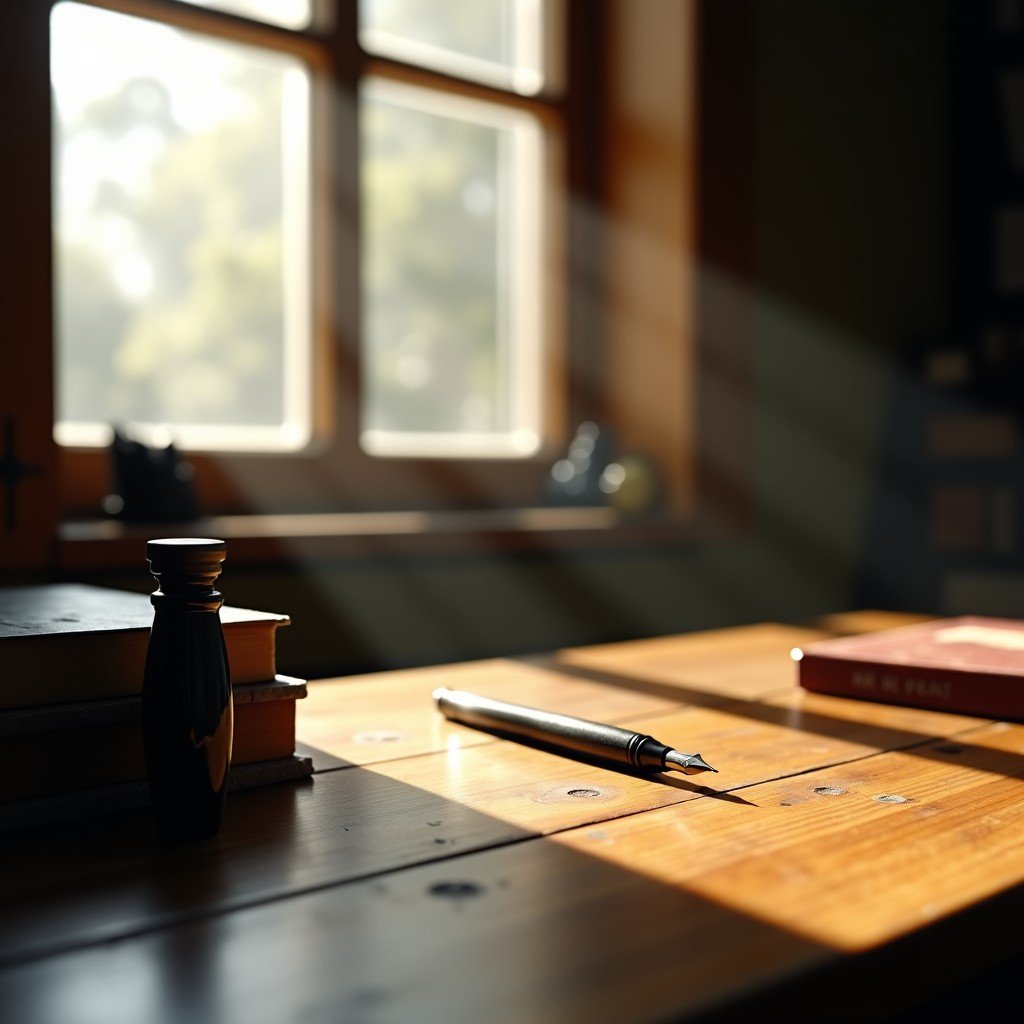A vintage ink pen on a wooden desk, sunlight streaming through a window, serene atmosphere, historical 1940s setting, 4:3 aspect ratio