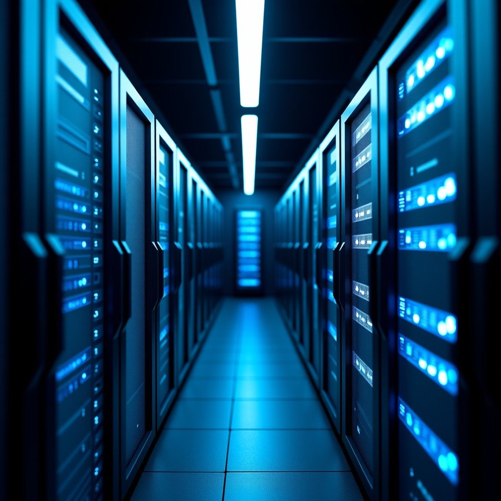 A cinematic and professional view of a high-tech server room with glowing blue and white lights. The atmosphere is sophisticated and suggests high-level data security and advanced computing power. Textured dark background with digital elements. 4:3