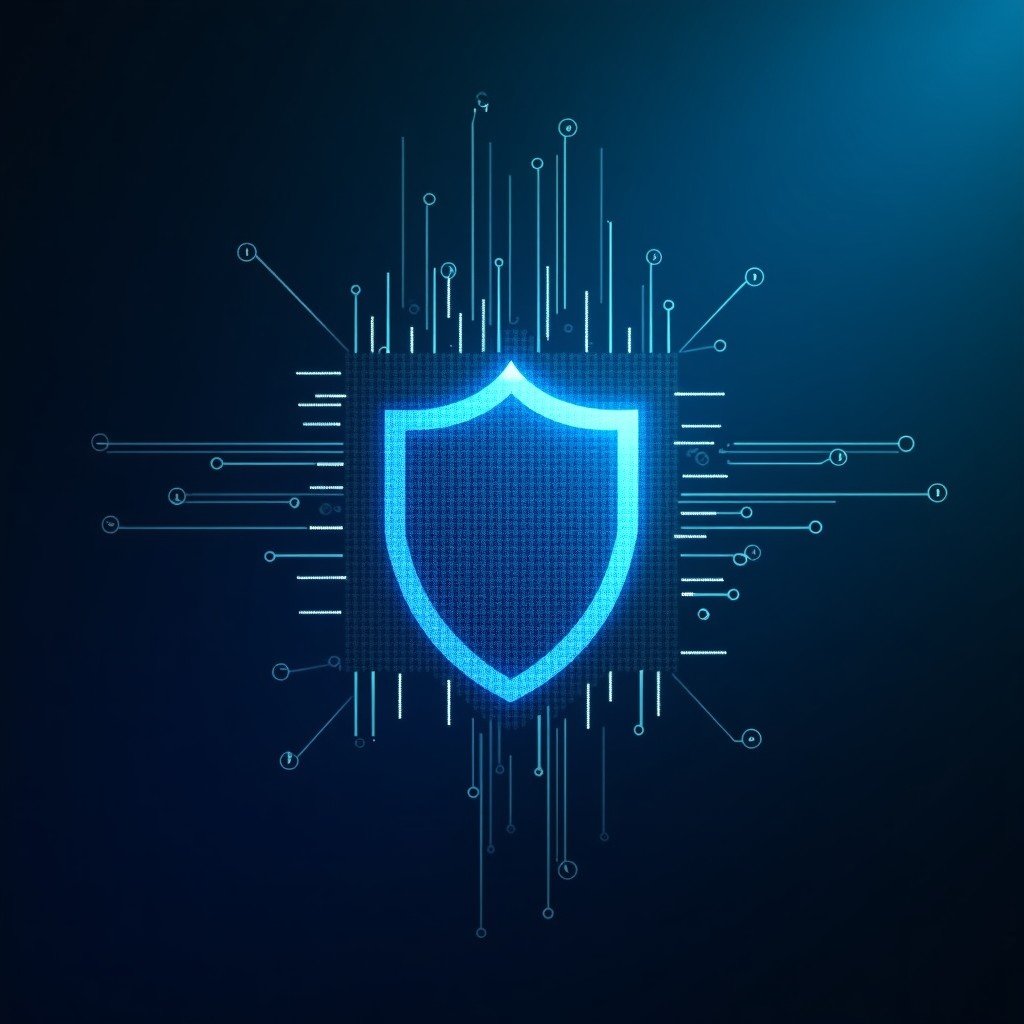 A complex security shield overlaying digital code strings, high-tech cybersecurity environment, minimalist and clean design, 16:9 ratio in 4:3 composition.