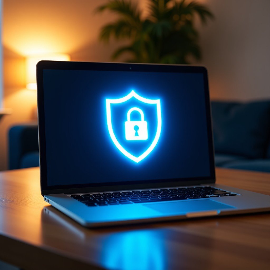 A sleek silver laptop on a wooden desk showing a glowing blue shield icon on the screen, representing cybersecurity and AI safety, warm lifestyle lighting, 1:1