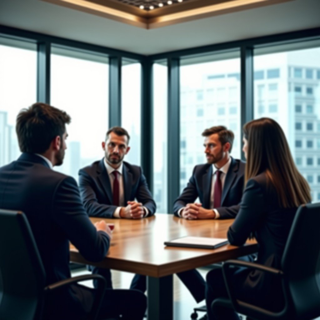 Professional business people discussing in a meeting room, serious atmosphere, glass walls, soft natural lighting, high quality, 4:3 ratio.