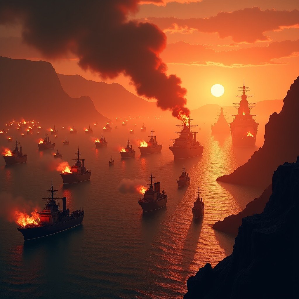 A massive naval battle at Red Cliff, ships on fire, dramatic orange and black contrast, chaotic atmosphere, high detail historical fantasy, cinematic composition, 4:3