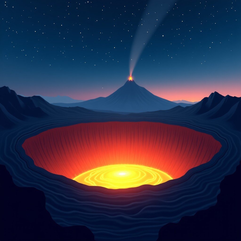 A dramatic night view of a volcanic crater glowing with orange lava reflection against a starry sky, 4:3