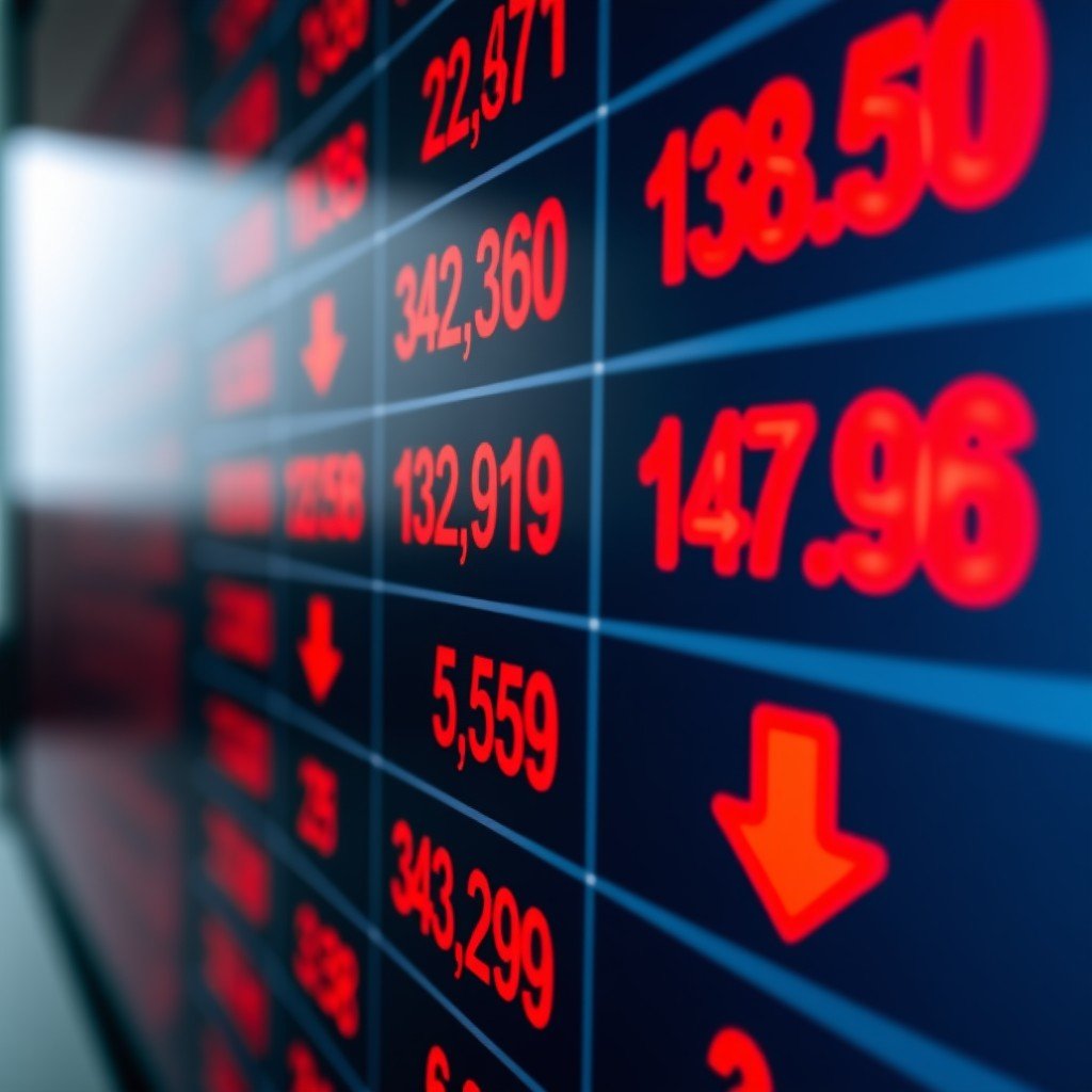 Close-up of a digital stock trading screen filled with red numbers and downward arrows, blurred office background, professional financial photography, sharp focus on the screen, 4:3