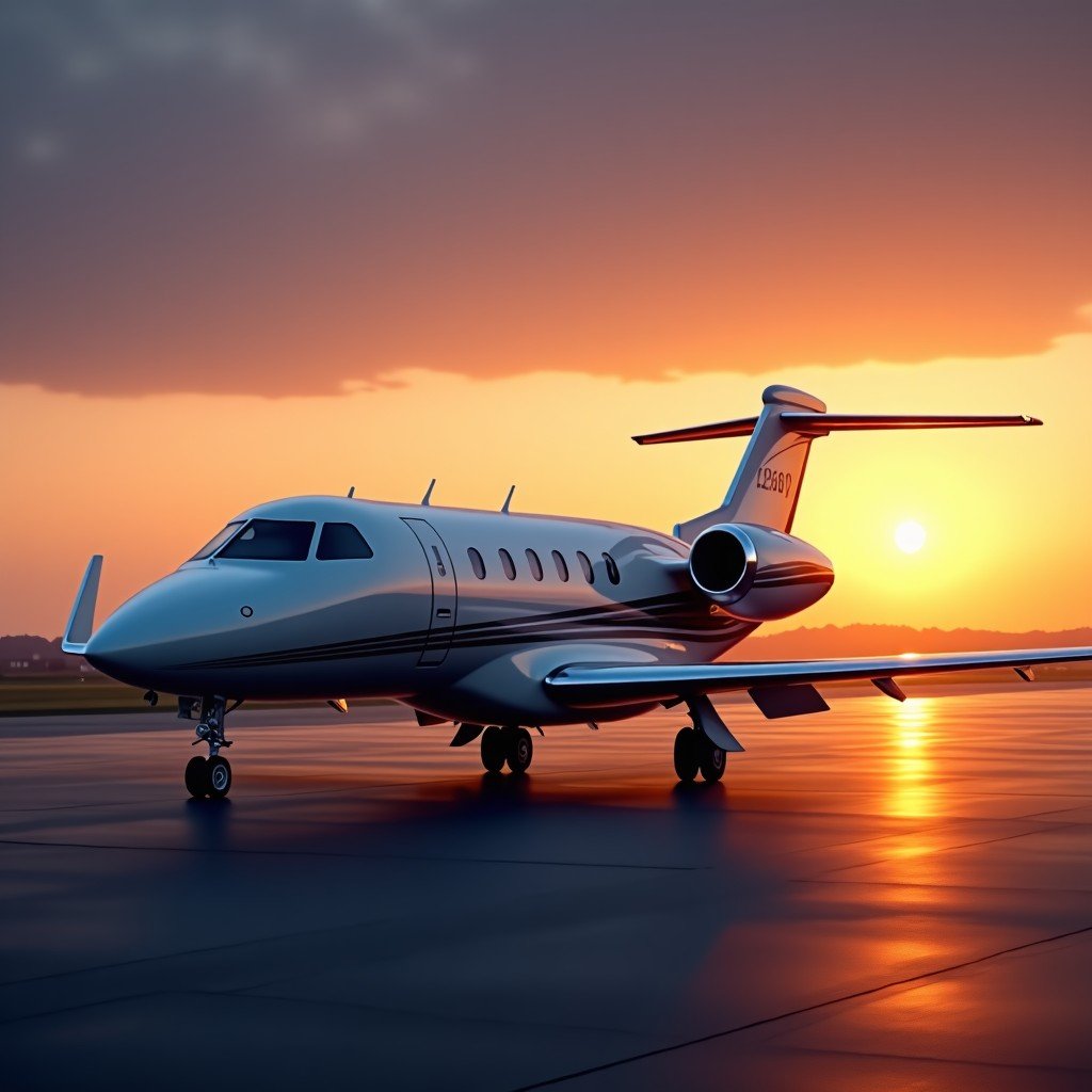 Private business jet on the tarmac at sunset, sleek design, cinematic atmosphere, realistic style, 4:3