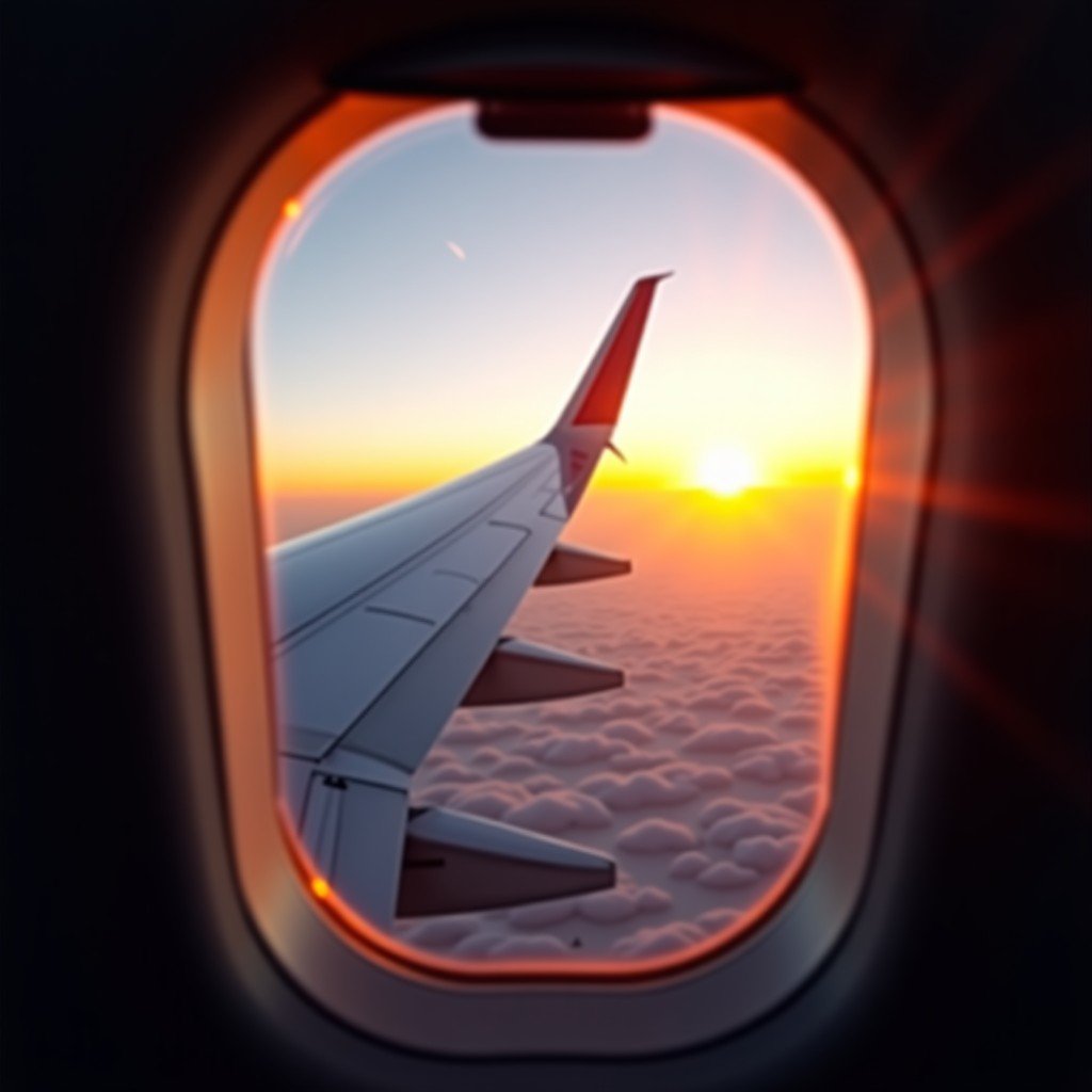 A wide shot of an airplane wing from the passenger window during sunset, soft golden hour lighting, calm atmosphere, realistic style, 4:3.