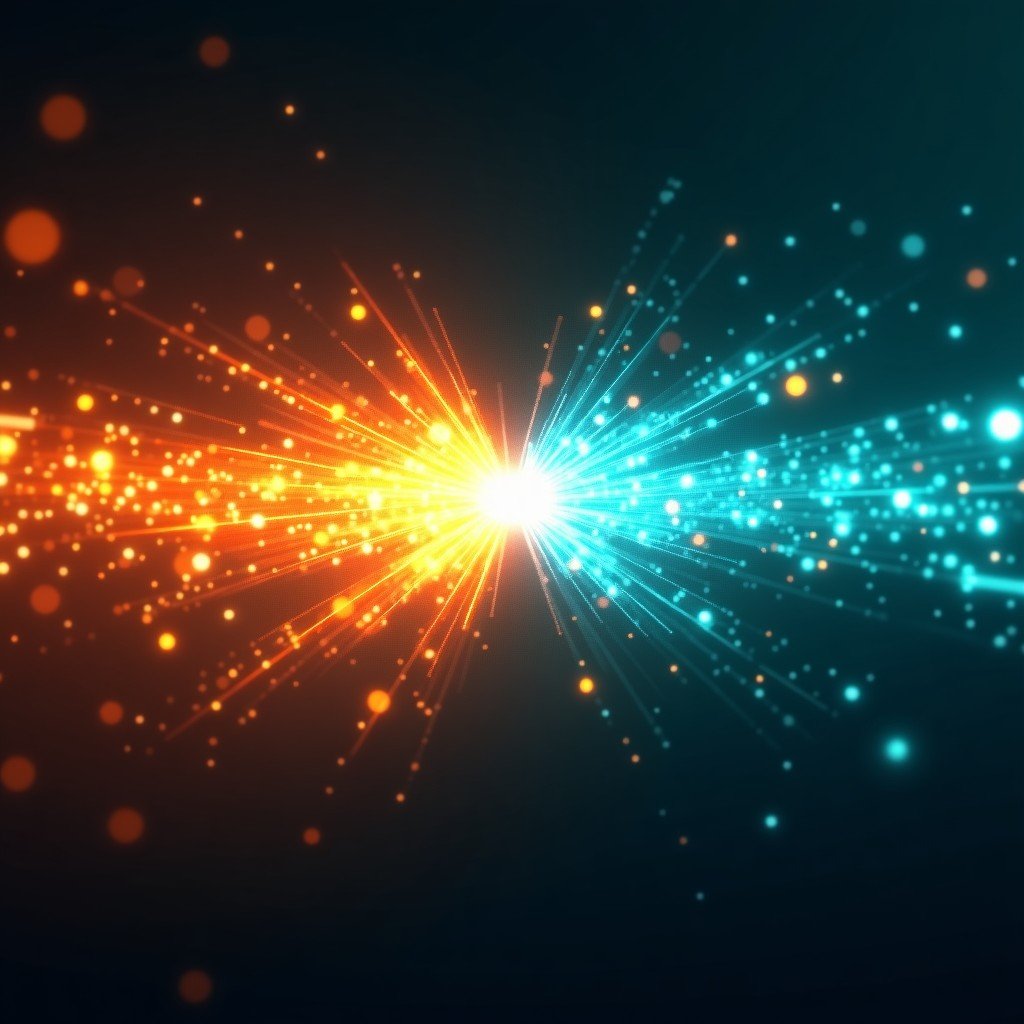 An artistic rendering of two distinct glowing digital energy sources clashing in a dark space, representing technological competition. One side is vibrant orange and the other is cool teal. Dynamic particles and high contrast. 4:3