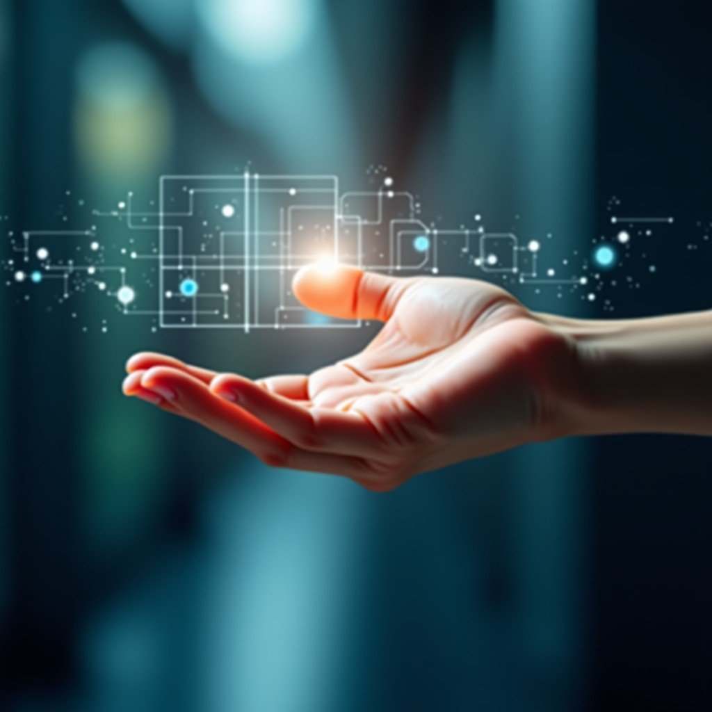 A human hand reaching towards a digital holographic interface with warmth and caution, soft focus, depth of field, 4:3
