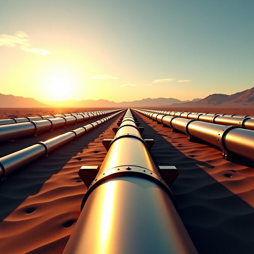 Industrial oil pipelines stretching across a vast desert landscape under a clear sky, metallic textures reflecting the sun, realistic engineering visualization, high detail, 4:3