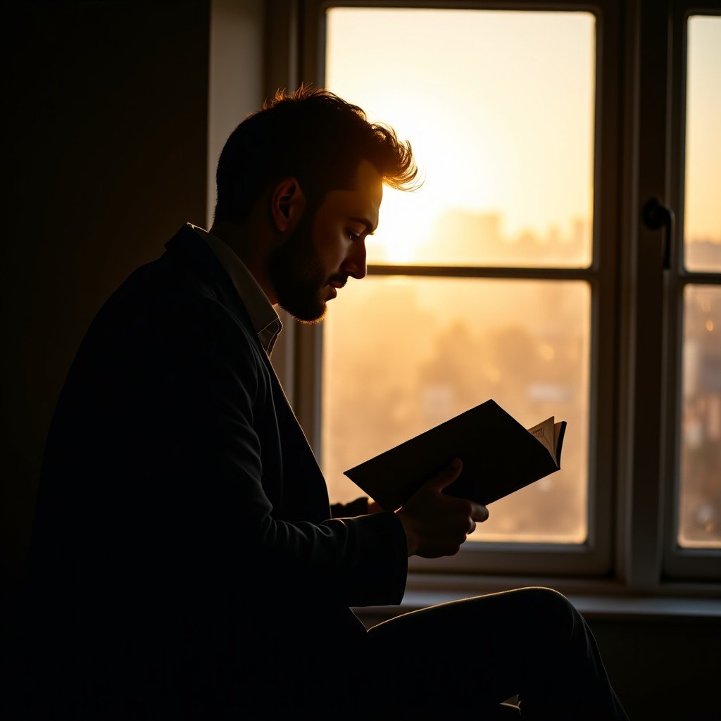 A silhouette of a man reading a book near a window, peaceful morning light, aesthetic and historical atmosphere, soft focus, 4:3 aspect ratio