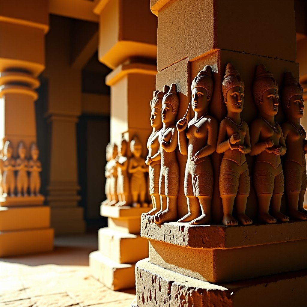 Detailed stone carvings on a massive pillar inside a temple at Pattadakal, depicting scenes from Hindu mythology, warm golden lighting reflecting off the stone, 4:3