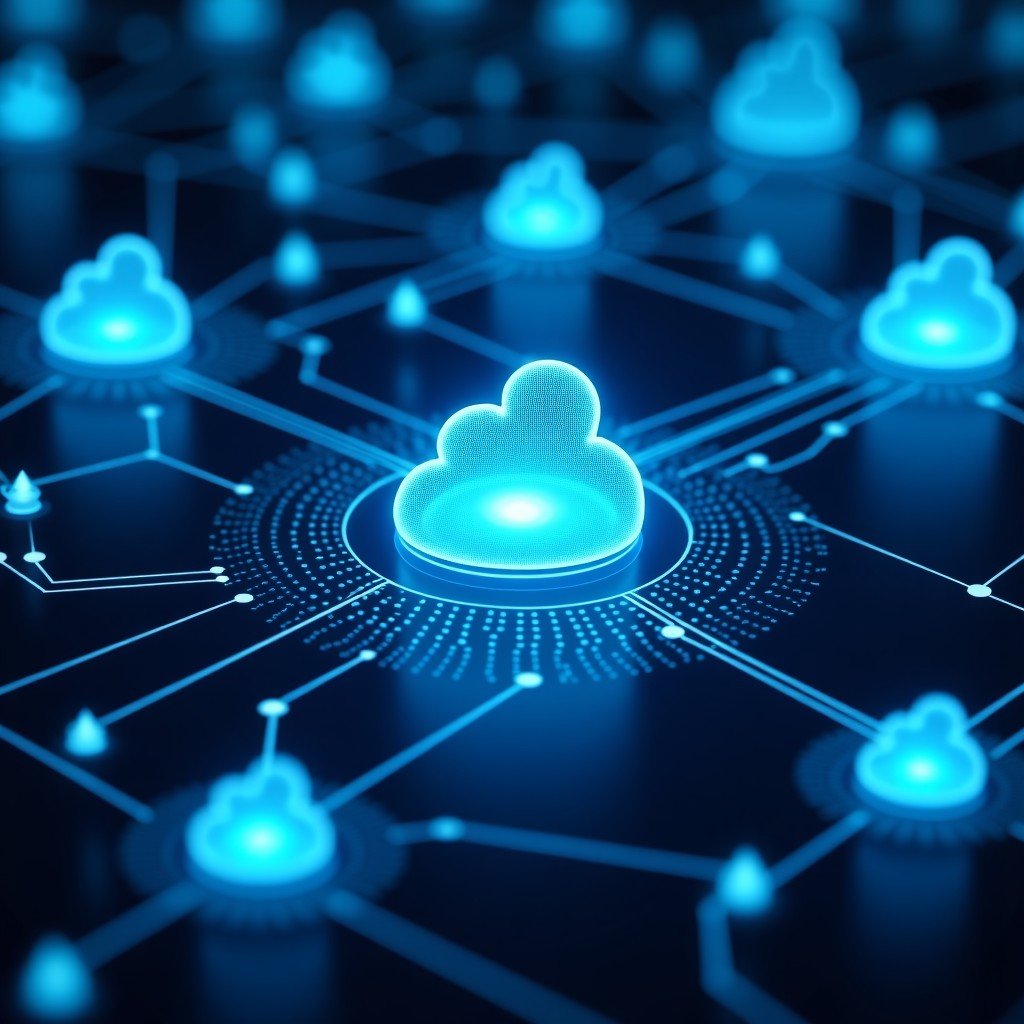 A futuristic digital security network with glowing blue data streams connecting cloud icons and circuit board patterns, high-tech cybersecurity theme, cinematic lighting, sophisticated professional atmosphere, 4:3
