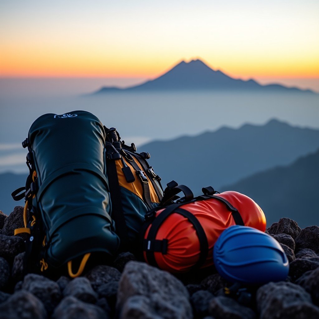 A close up shot of high quality trekking gear laid out on a rock with Kilimanjaro mountain landscape in soft focus background, cinematic lighting, 4:3 aspect ratio