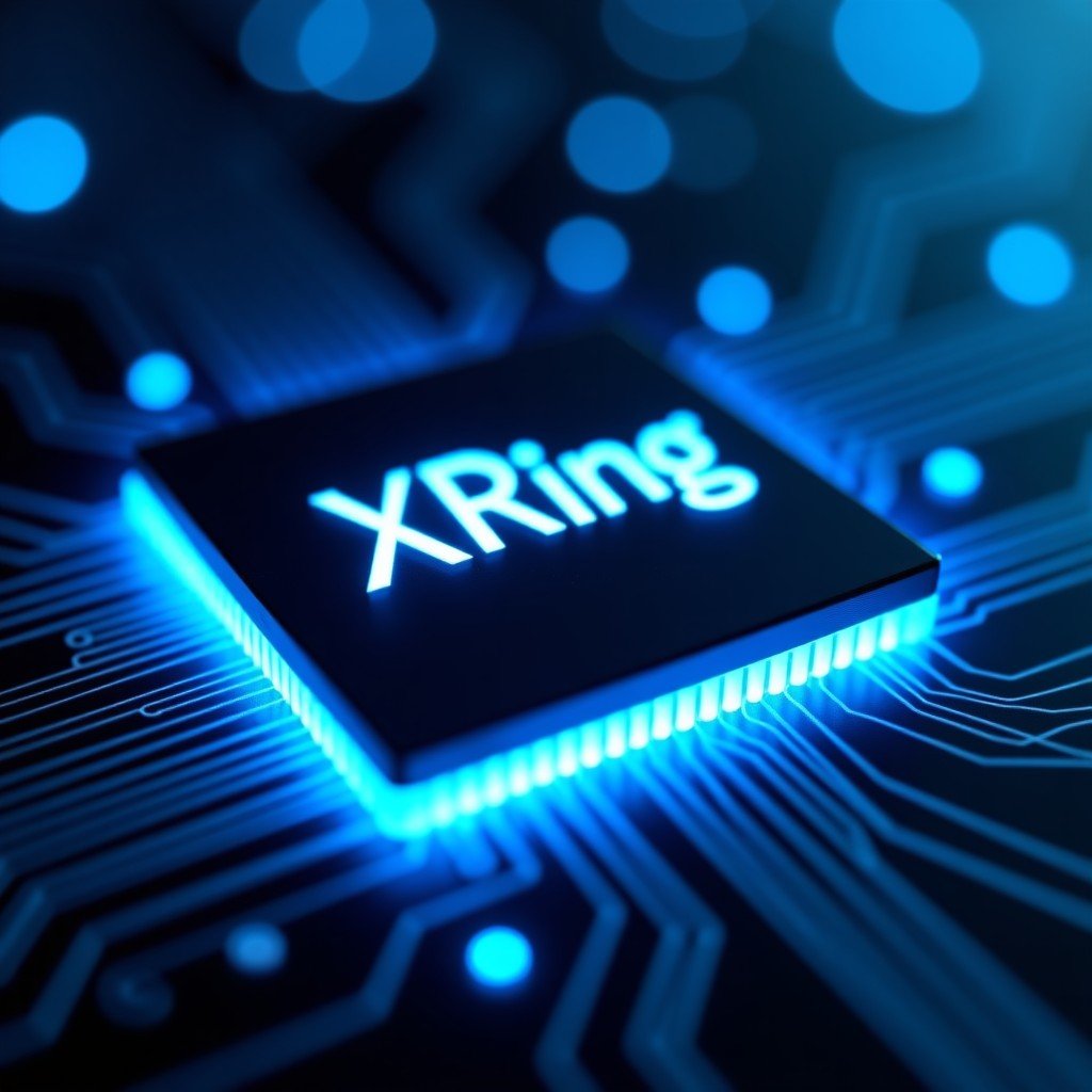 A close up high tech 3nm semiconductor chip with the name XRing engraved on it glowing with blue light on a dark futuristic circuit board background 4:3