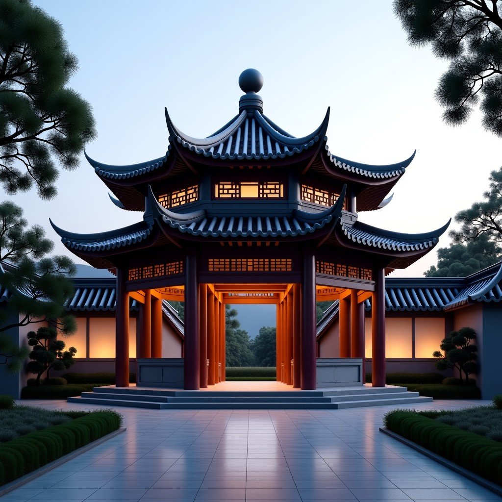 Exterior view of the Dazheng Hall in Shenyang Imperial Palace, unique octagonal architecture, traditional Chinese landscape elements, cinematic lighting, 4:3.