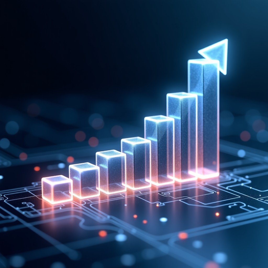 A professional and clean abstract representation of a rising financial growth chart integrated into a digital circuit board design, sleek metallic and glowing glass textures, 4:3.