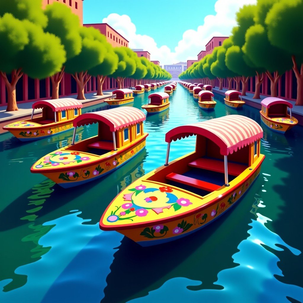 A vibrant scene of colorful Trajinera boats floating on the canals of Xochimilco. The boats are decorated with bright floral patterns and names. Reflections of the greenery and sky are visible on the water surface. 4:3