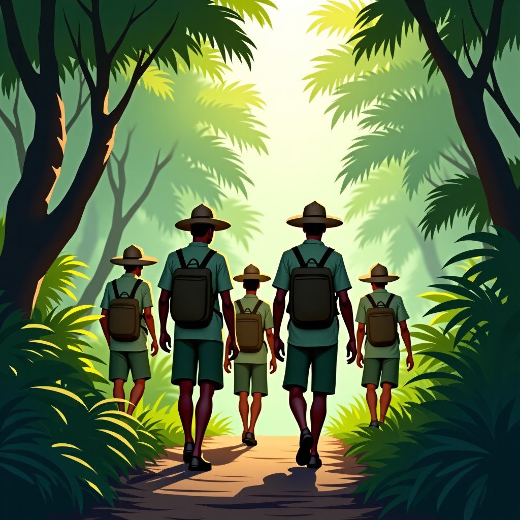A group of local African people in natural clothing walking through a lush forest trail acting as rangers. They are observing the environment with care. The background is a dense green tropical jungle. 4:3