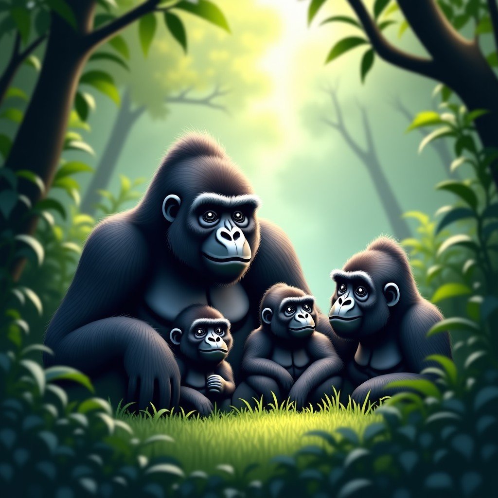 A realistic scene of a Western Lowland Gorilla family resting in a dense green forest clearing. The lighting is soft filtered through the leaves. The gorillas look calm and natural in their habitat. 4:3