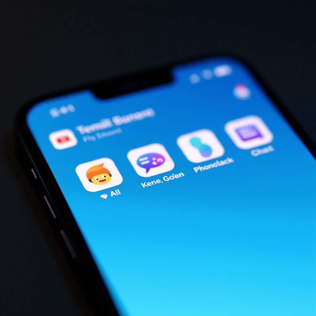 A high-quality realistic close-up photo of a smartphone screen showing a mobile app store ranking page. The numbers 1, 2, and 3 are clearly visible next to generic AI chat icons. The design is sleek and modern with a soft blue glow. No text or language visible on the screen. 4:3
