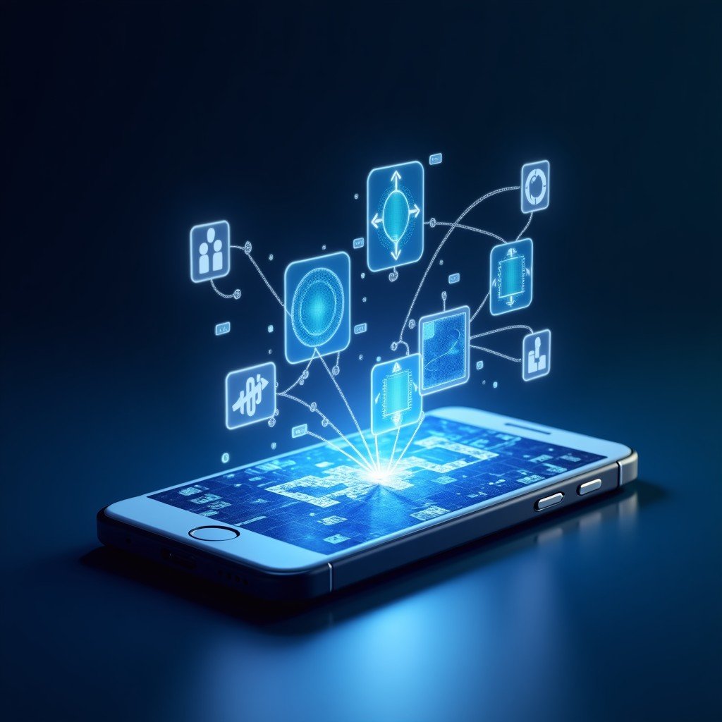 A sleek modern smartphone displaying a sophisticated user interface with floating digital elements symbolizing software and hardware integration clean futuristic style 4:3