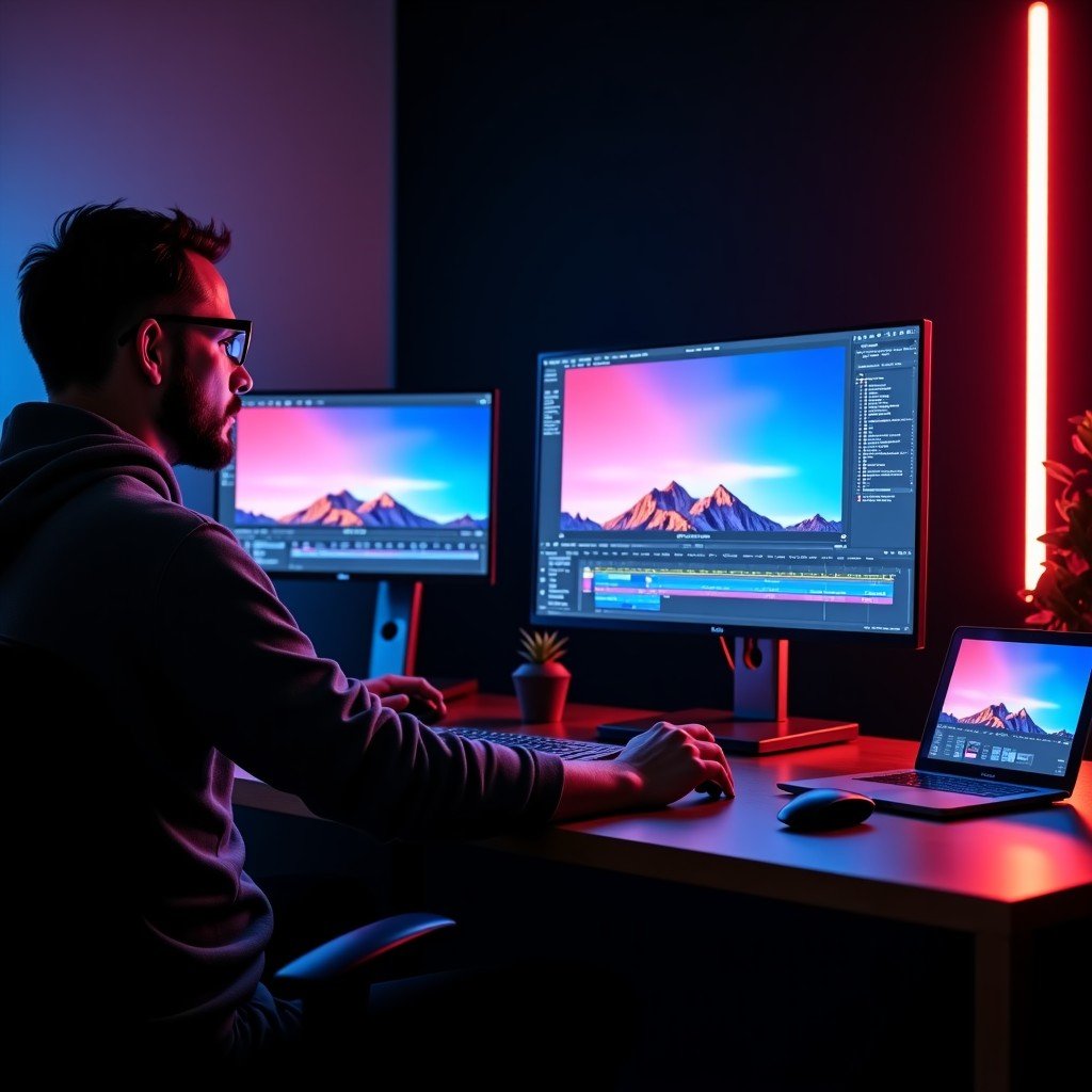 A professional creative editor using the new Studio Display XDR in a darkened studio. The screen shows vibrant colors and complex video editing software, realistic professional setting, soft ambient lighting, 4:3