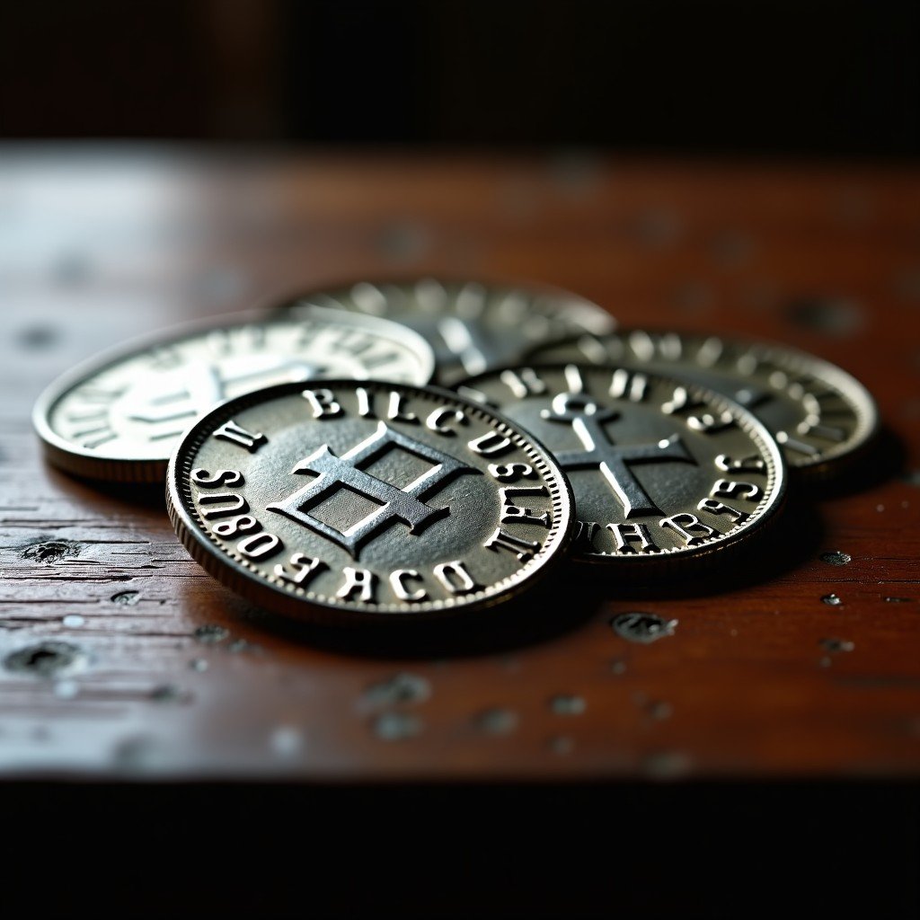 A close up photo of old Spanish silver coins from the colonial era in Potosi, rustic texture, warm lighting on a dark wooden surface, historical museum atmosphere, 4:3