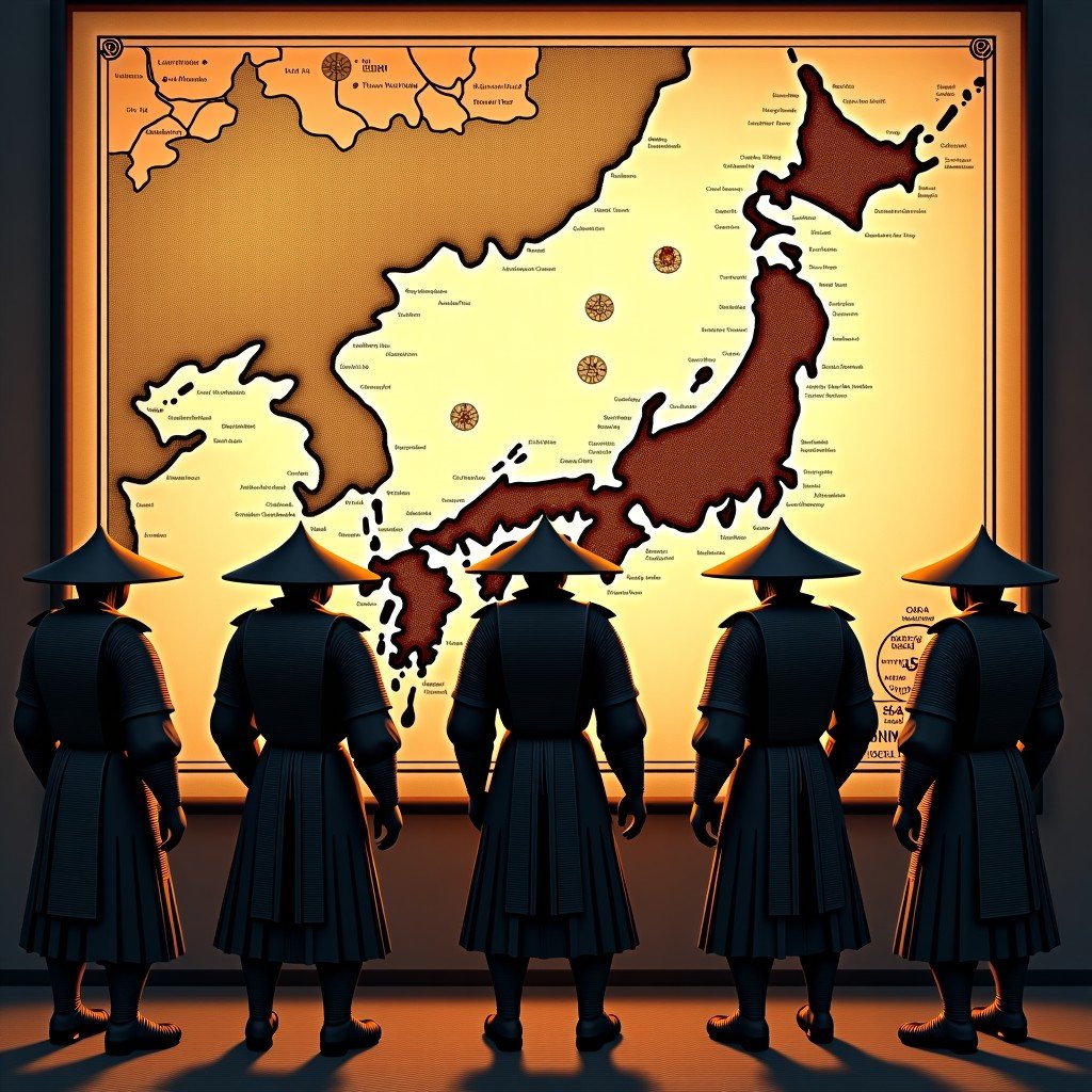 A group of samurai in traditional armor looking at a conceptual vintage map of a colonized and divided Japan, steam-punk elements mixed with Edo style, warm lighting, artistic rendering, 1:1