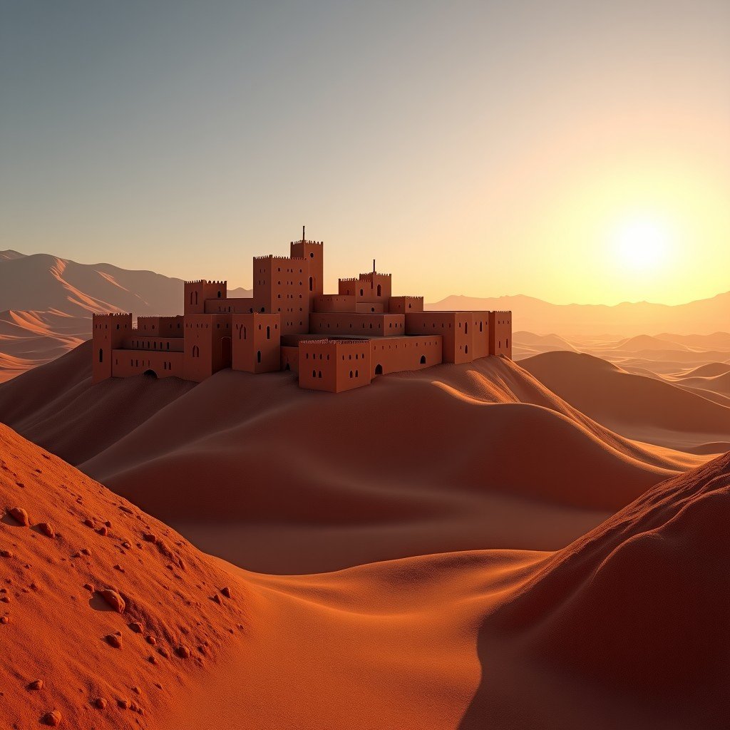 Wide angle shot of the Ksar of Ait-Ben-Haddou in Morocco at golden hour, earthy clay buildings, desert landscape, no text, realistic, 4:3