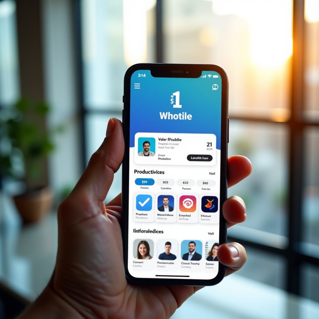 A hand holding a high-end smartphone displaying a mobile app store interface with a productivity app ranked at number one, natural sunlight, blurred modern office background, 1:1