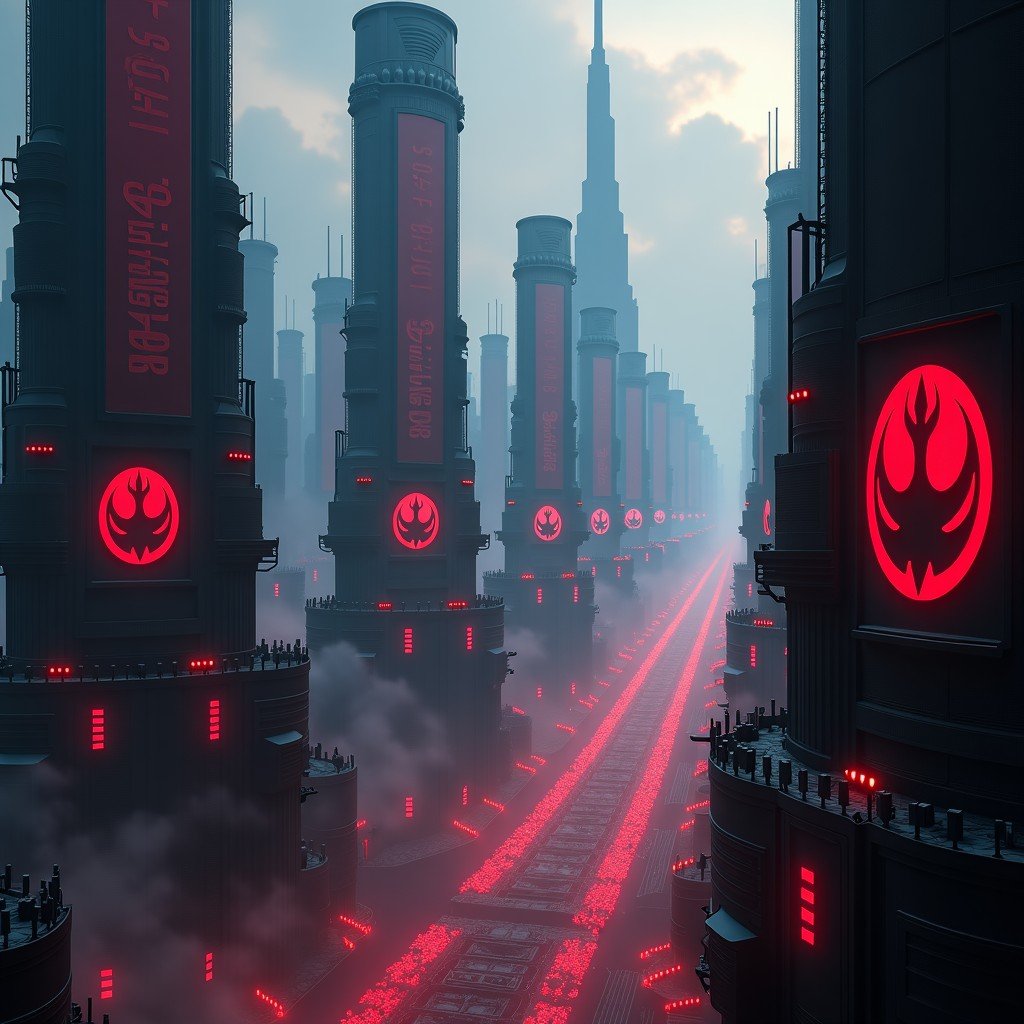 A vast view of a futuristic city covered in dark metallic structures with the Galactic Empire's emblem prominently displayed on giant banners. Red searchlights sweep the sky. The overall tone is oppressive and authoritarian. High detail, dark aesthetic. No text. 4:3